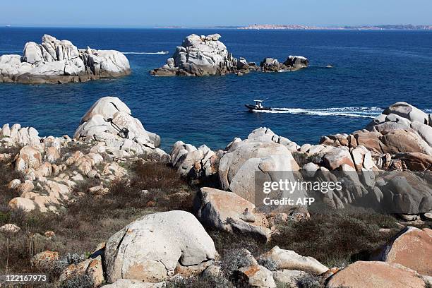 Boat sails off the coasts of the natural reserve of the Lavezzi islands, off the city of Bonifacio, in the southern French Corsican island, on August...
