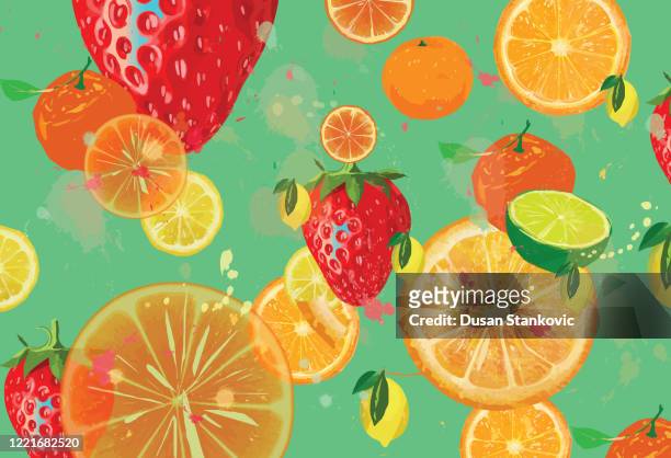 bildbanksillustrationer, clip art samt tecknat material och ikoner med sommar frukt sammansättning - lemon juice