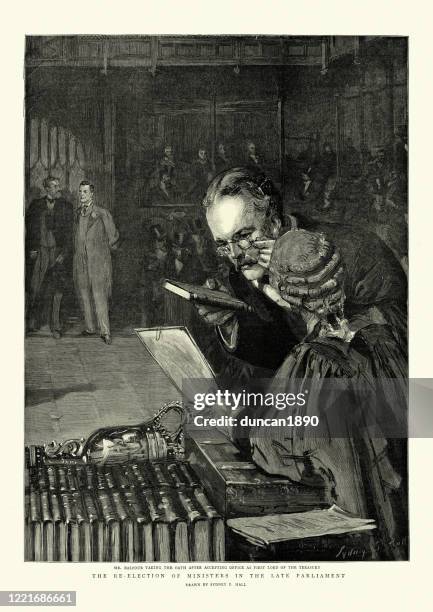 arthur balfour taking the oath, house of commons, 1895 - commons chamber stock illustrations