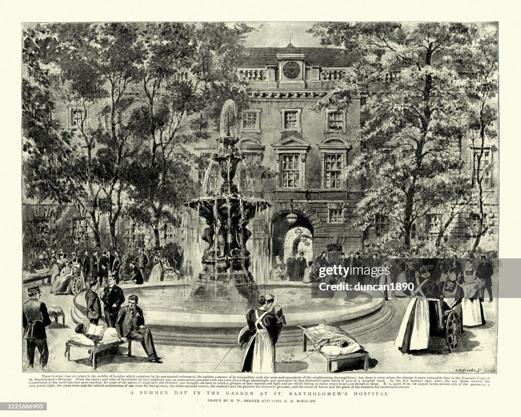 Enfermeras ayudando a los pacientes en el jardín del Hospital de San Bartolomé