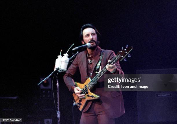 English bass guitarist and founding member of The Who, John "The Ox" Entwistle plays during the band's performance at Rupp Arena, July 11 in...