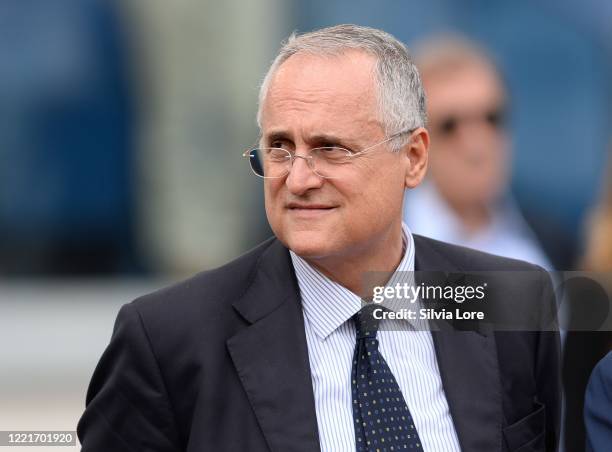 Claudio Lotito president of the SS Lazio looks on during the Serie A match between SS Lazio and Genoa CFC at Stadio Olimpico on September 29, 2019 in...