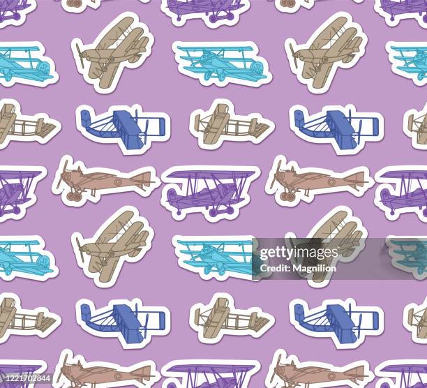 vintage airplanes doodles seamless pattern - biplane stock illustrations