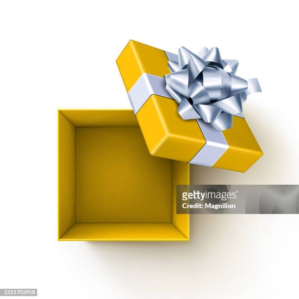 gelb öffnen geschenk-box - geschenkkarton stock-grafiken, -clipart, -cartoons und -symbole