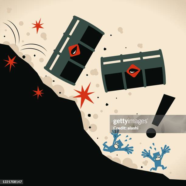 giant oil drum (oil barrel) falling off a cliff, people screaming and escaping. crude oil prices falling down due to a collapse in demand caused by the coronavirus pandemic and a lack of storage capacity for excess supply - collapsing cans stock illustrations