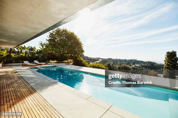 view of pool in backyard of modern home - backyard pool no people stock-fotos und bilder