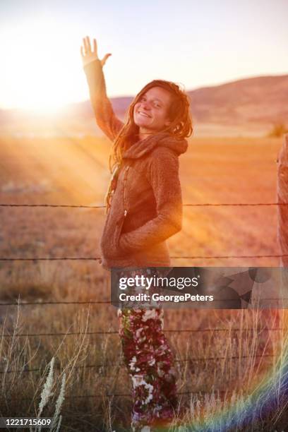 young hippie woman on road trip - the meadows music arts festival day 1 stock pictures, royalty-free photos & images