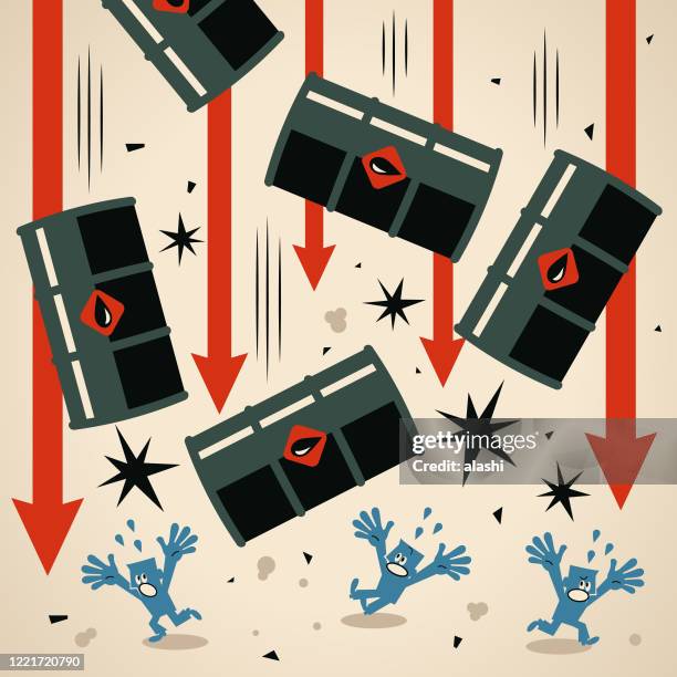 oil prices are negative (falling down) due to a collapse in demand caused by the coronavirus pandemic and a lack of storage capacity for excess supply - collapsing cans stock illustrations
