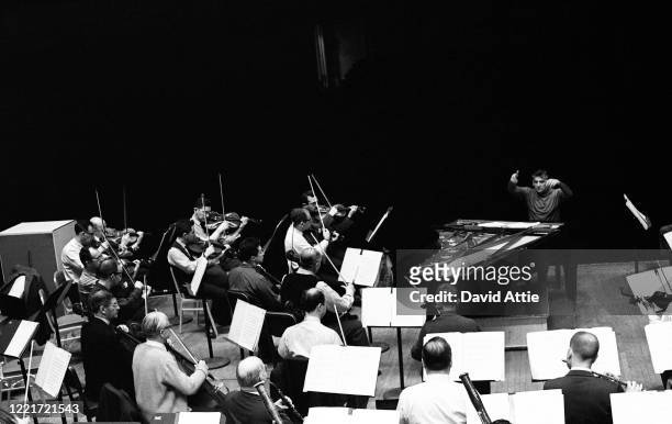 Composer and conductor rehearses at Carnegie Hall in 1959 in New York City, New York.
