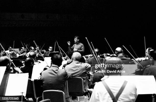 Composer and conductor rehearses at Carnegie Hall in 1959 in New York City, New York.