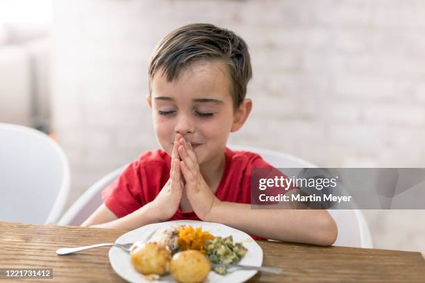 joven rezando por la comida - niños orando fotografías e imágenes de stock