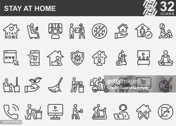 stay at home line icons - working at home stock-grafiken, -clipart, -cartoons und -symbole