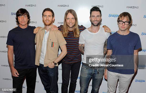 Musicians Matt Flynn, Jesse Carmichael, James Valentine, Adam Levine and Mickey Madden of the group Maroon 5 attend the Snapple Tea Will be Loved...