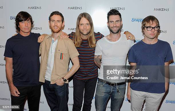 Musicians Matt Flynn, Jesse Carmichael, James Valentine, Adam Levine and Mickey Madden of the group Maroon 5 attend the Snapple Tea Will be Loved...