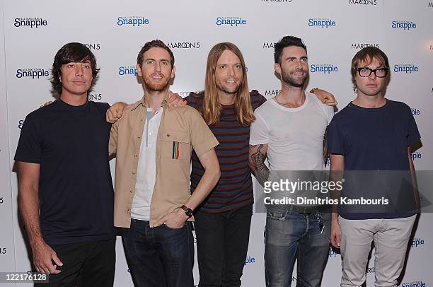 Musicians Matt Flynn, Jesse Carmichael, James Valentine, Adam Levine and Mickey Madden of the group Maroon 5 attend the Snapple Tea Will be Loved...