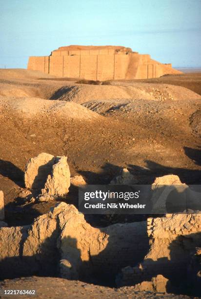 The restored mud brick ziggurat off Ur of the Chaldees founded in 3800 BC stands in the desert near Nasiriyah in Southern Iraq circa 1978;