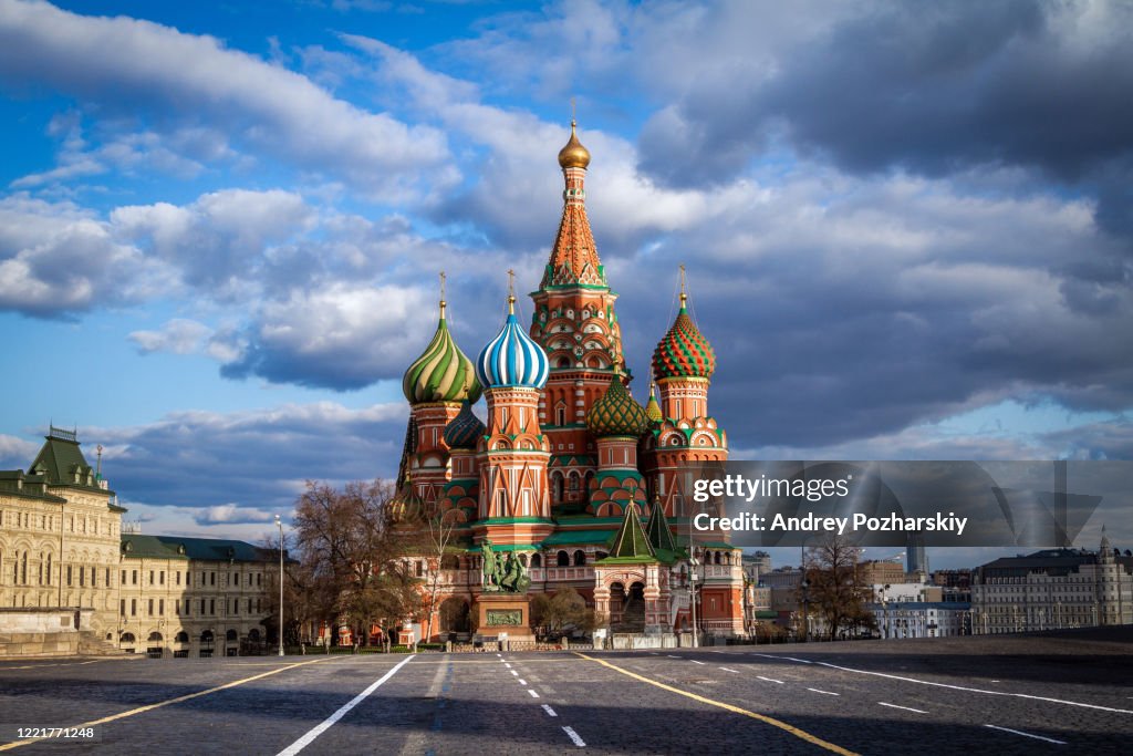 Covid-19, quarantine in Moscow, coronavirus in Russia. Empty Red Square without people