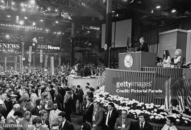 American politician and Senator for Massachusetts Ted Kennedy introducing presidential nominees to delegates at the Democratic National Convention,...