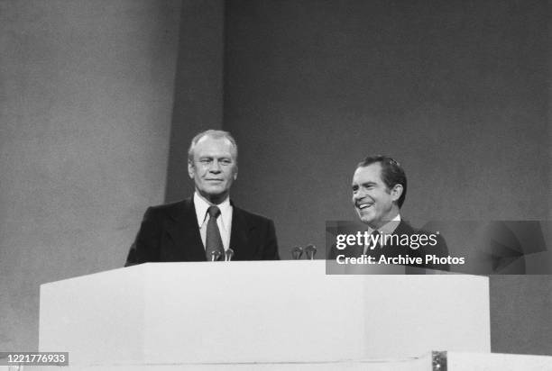 American politicians Gerald Ford and Richard Nixon , 37th president of the United States, take the stand at the Republican National Convention, at...