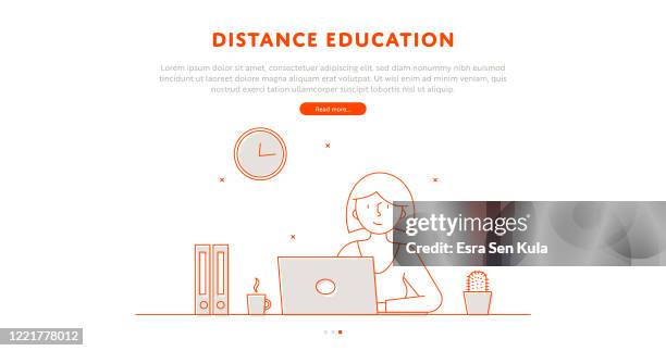 distance education web page concept with editable stroke line illustration. - study table isolated stock illustrations