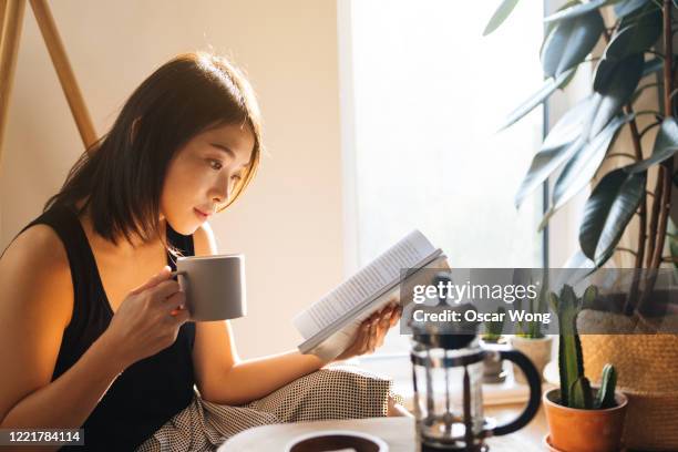 young woman reading book while drinking coffee - enjoying coffee cafe morning light stock-fotos und bilder