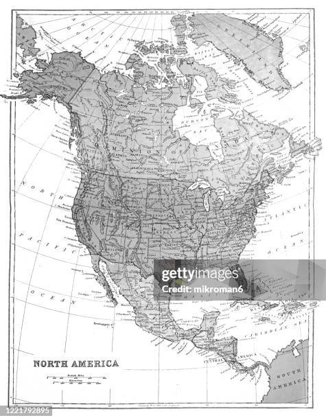 old map of north america published 1894. antique illustration, popular encyclopedia published 1894. copyright has expired on this artwork - black and white map of the united states stock pictures, royalty-free photos & images
