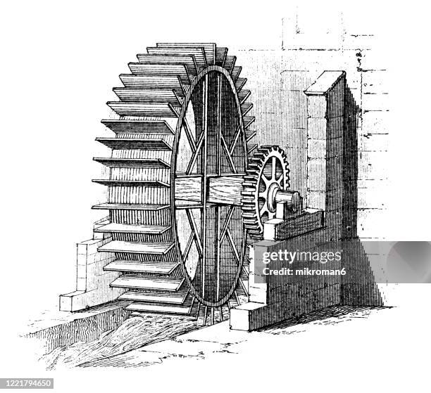 old engraved illustration of hydraulics, popular encyclopedia published 1894 - watermill stock pictures, royalty-free photos & images