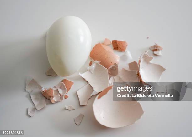 peeled hard boiled egg on white table - hard boiled eggs imagens e fotografias de stock