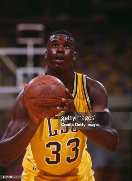 Shaquille O'Neal, Center for the Louisiana State University Fighting Tigers prepares to make a free throw during the NCAA Southeastern Conference...