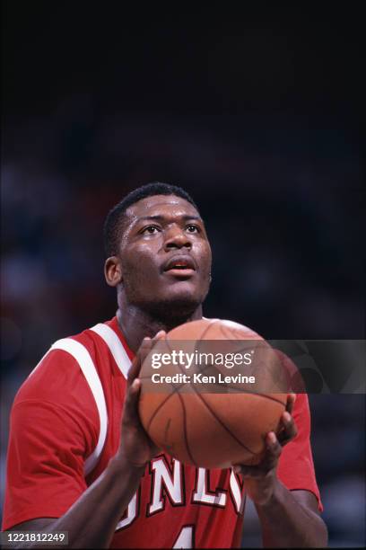 Larry Johnson, Forward for the University of Las Vegas Nevada Rebels prepares to make a free throw during the NCAA Big West Conference college...