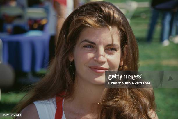 American actress Kirstie Alley attends Narconon's 1991 Celebrity Softball Game, held at the Tom Bradley Stadium, in the grounds of Birmingham High...