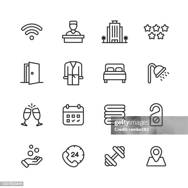 ilustrações, clipart, desenhos animados e ícones de ícones da linha do hotel. curso editável. pixel perfeito. para mobile e web. contém ícones como hotel, recepcionista, wifi, hotel de luxo, cinco estrelas, roupão de banho, cama de casal, chuveiro, toalha, reserva, academia, fitness, champanhe, não pe - hotel