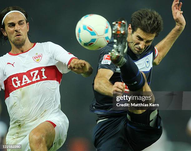 Andre Mijatovic of Berlin battles for the ball with Martin Harnik of Stuttgart during the Bundesliga match between Hertha BSC Berlin and VFB...