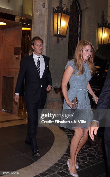 Princess Beatrice and Dave Clark sighted leaving the Hassler Hotel ahead of the wedding of Petra Ecclestone and James Stunt on August 26, 2011 in...