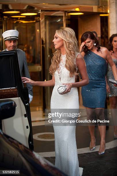 Petra Ecclestone sighted leaving the Hassler Hotel ahead of her wedding to James Stunt on August 26, 2011 in Rome, Italy.