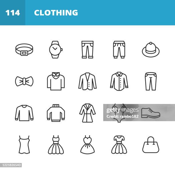 kleidung und fashion line icons. bearbeitbarer strich. pixel perfekt. für mobile und web. enthält wie kleidung, mode, jacke, hose, jeans, kleid, unterwäsche, uhr, gürtel, turtleneck, fliege, geldbörse, nachthemd, hut, pullover, weste, jacke. - jeans stock-grafiken, -clipart, -cartoons und -symbole