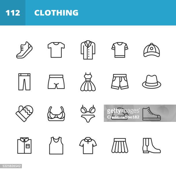 clothing and fashion line icons. editable stroke. pixel perfect. for mobile and web. contains such icons as clothing, fashion, jacket, t-shirt, coat, shoe, underwear, bra, skirt, shirt, dress, high heels shoes, polo shirt, hat, wardrobe, jeans, trousers. - hood clothing stock illustrations