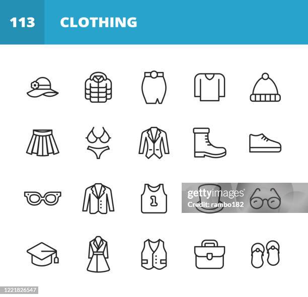 clothing and fashion line icons. editable stroke. pixel perfect. for mobile and web. contains such icons as clothing, fashion, jacket, hat, skirt, sweater, dress, eyeglasses, vest, bra, suit, coat, sports shirt, tuxedo, winter jacket, wardrobe, panties. - dinner jacket stock illustrations