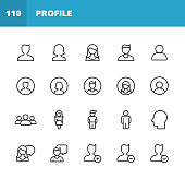 Profile and User Line Icons. Editable Stroke. Pixel Perfect. For Mobile and Web. Contains such icons as Profile, User, Social Media, Member, Communication, Avatar, Customer Support, Human, Man, Woman, User Interface Design, Player, Meeting, Video.