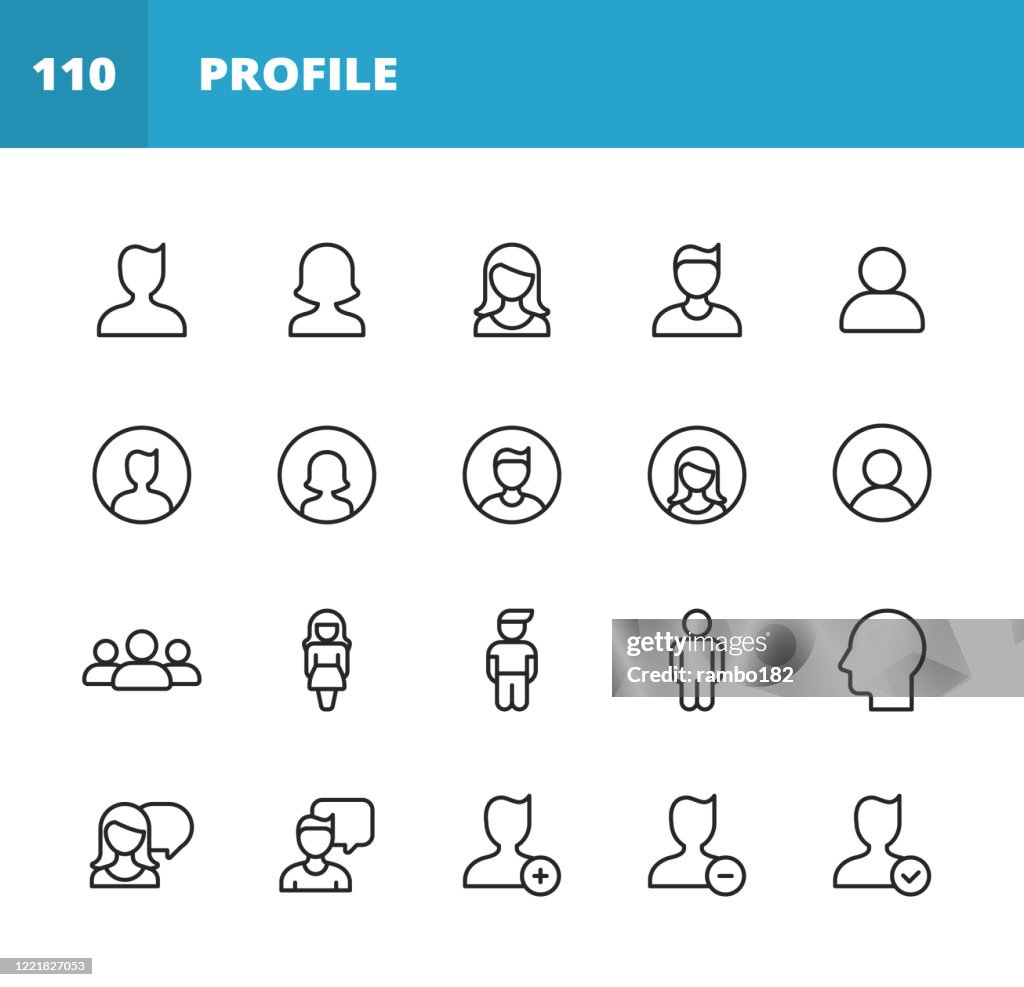 Profile and User Line Icons. Editable Stroke. Pixel Perfect. For Mobile and Web. Contains such icons as Profile, User, Social Media, Member, Communication, Avatar, Customer Support, Human, Man, Woman, User Interface Design, Player, Meeting, Video.