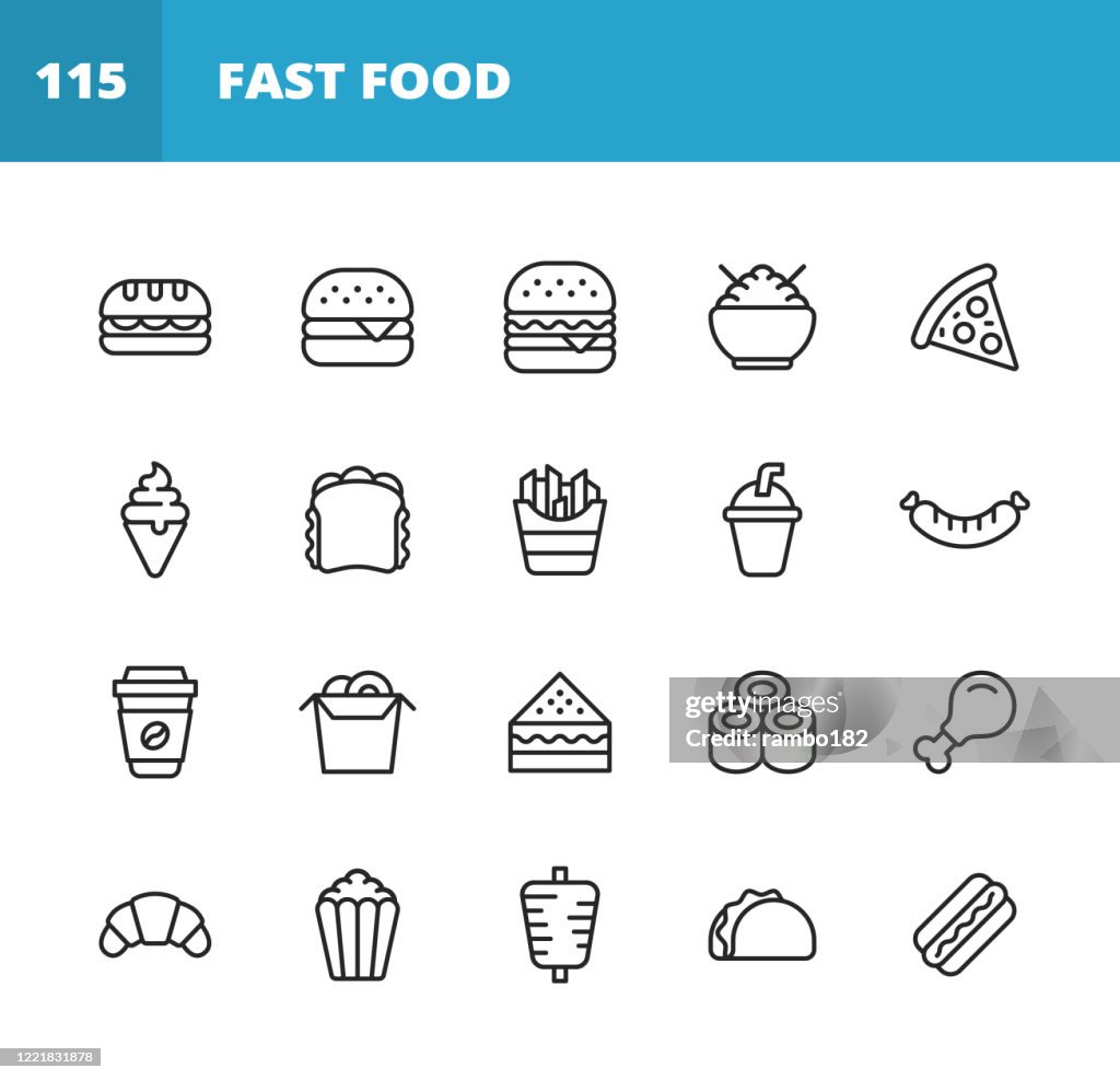 Icônes de ligne de restauration rapide. Accident vasculaire cérébral modifiable. Pixel Parfait. Pour mobile et Web. Contient des icônes telles que Fast Food, Eating, Restaurant, Hamburger, Sandwich, Ice Cream, Fries, Soda, Sushi, Popcorn, Hot Dog, Croi