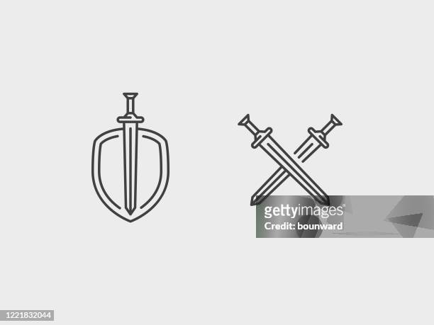 ilustraciones, imágenes clip art, dibujos animados e iconos de stock de logotipo del icono de contorno de espada y escudo - sword