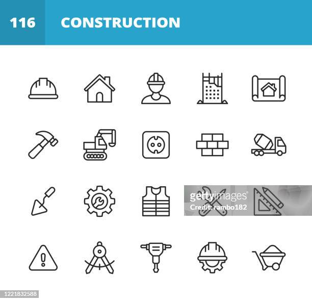construction line icons. bearbeitbarer strich. pixel perfekt. für mobile und web. enthält symbole wie konstruktion, reparatur, renovierung, blaupause, helm, hammer, ziegel, arbeitswerkzeuge, spachtel, warnschild, bulldozer, bohrer, zement, graben, schrau - baugewerbe stock-grafiken, -clipart, -cartoons und -symbole
