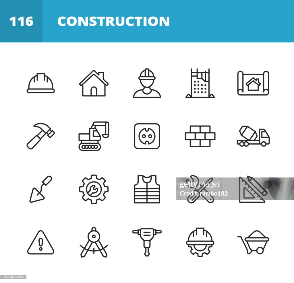 De Pictogrammen van de Lijn van de bouw. Bewerkbare slag. Pixel Perfect. Voor mobiel en web. Bevat pictogrammen zoals Bouw, Reparatie, Renovatie, Blauwdruk, Helm, Hamer, Baksteen, Werkhulpmiddelen, Spatel, Waarschuwingsteken, Bulldozer, Boor, Cement, Het G