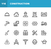 Construction Line Icons. Editable Stroke. Pixel Perfect. For Mobile and Web. Contains such icons as Construction, Repair, Renovation, Blueprint, Helmet, Hammer, Brick, Work Tools, Spatula, Warning Sign, Bulldozer, Drill, Cement, Digging, Wrench, Ruler.
