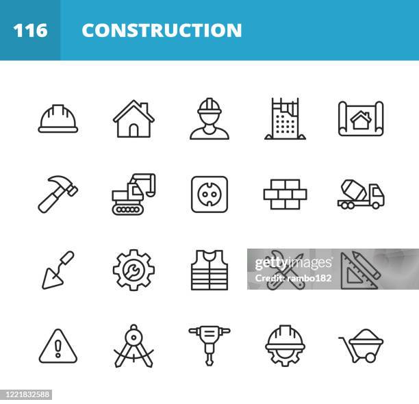 construction line icons. editable stroke. pixel perfect. for mobile and web. contains such icons as construction, repair, renovation, blueprint, helmet, hammer, brick, work tools, spatula, warning sign, bulldozer, drill, cement, digging, wrench, ruler. - cement stock illustrations