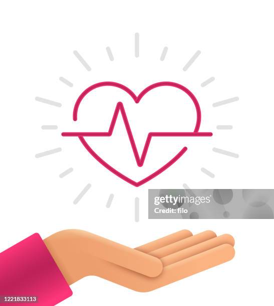 medizinische herz-spuren-pflege - herz ekg hand stock-grafiken, -clipart, -cartoons und -symbole