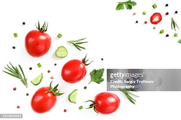 cherry tomato with cucumber and rosemary on white flat lay - cherry tomaten stock-fotos und bilder