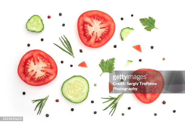 tomato with cucumber and rosemary flat lay slices - cucumber photos et images de collection