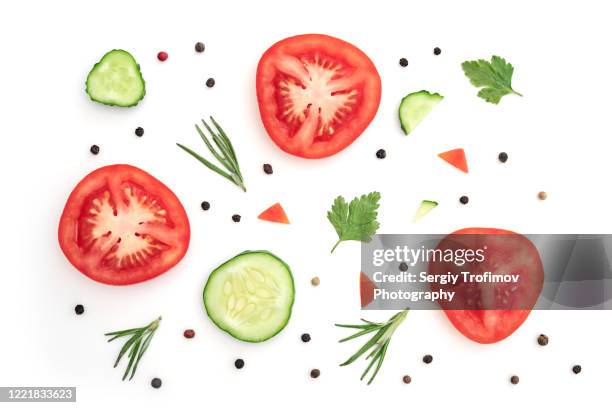 tomato with cucumber and rosemary flat lay slices - flat lay stock pictures, royalty-free photos & images